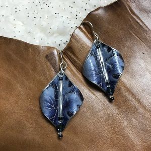Blue & Silver Leaf Earrings with Vertical Beading